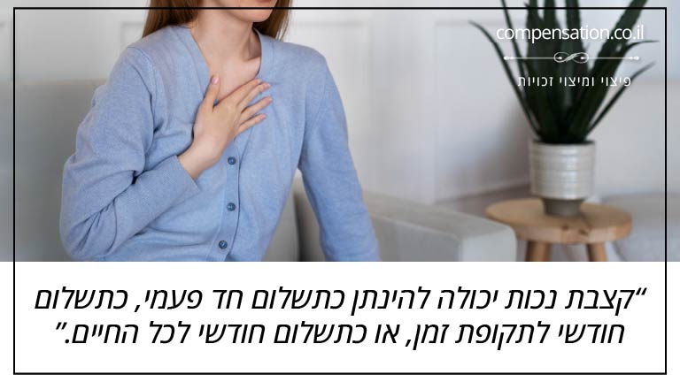 קצבת נכות יכולה להינתן כתשלום חד פעמי, כתשלום
חודשי לתקופת זמן, או כתשלום חודשי לכל החיים